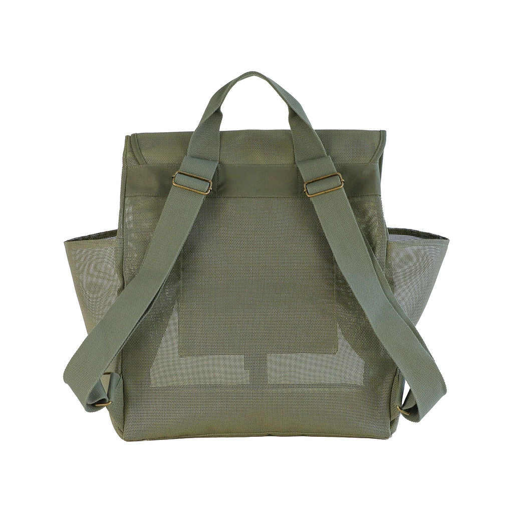 A studio image of the Sande Kids™ Beach Hauler mesh backpack in Pandanus Green, shown from the rear to highlight its ergonomic design and sturdy construction. This rear view showcases the adjustable straps, top handle, and reinforced mesh fabric. Set against a white background, the backpack is perfect for beach days, providing both style and functionality for kids and adults alike.