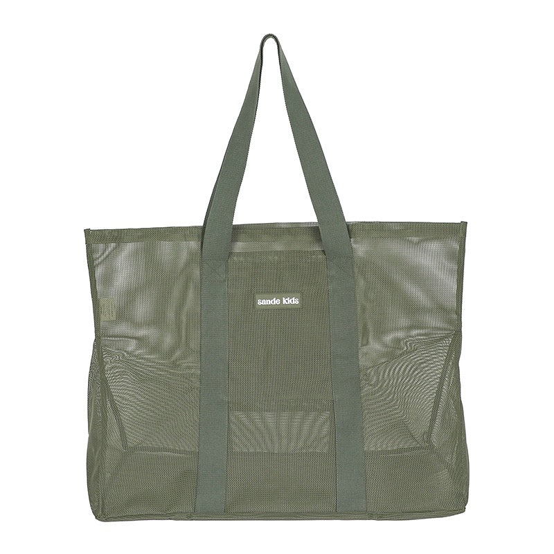 Front view product photo of the Sande Kids Beach Hauler oversized mesh beach bag in Pandanus Green - an olive or sage green on a white background, highlighting its durable design and spacious interior.