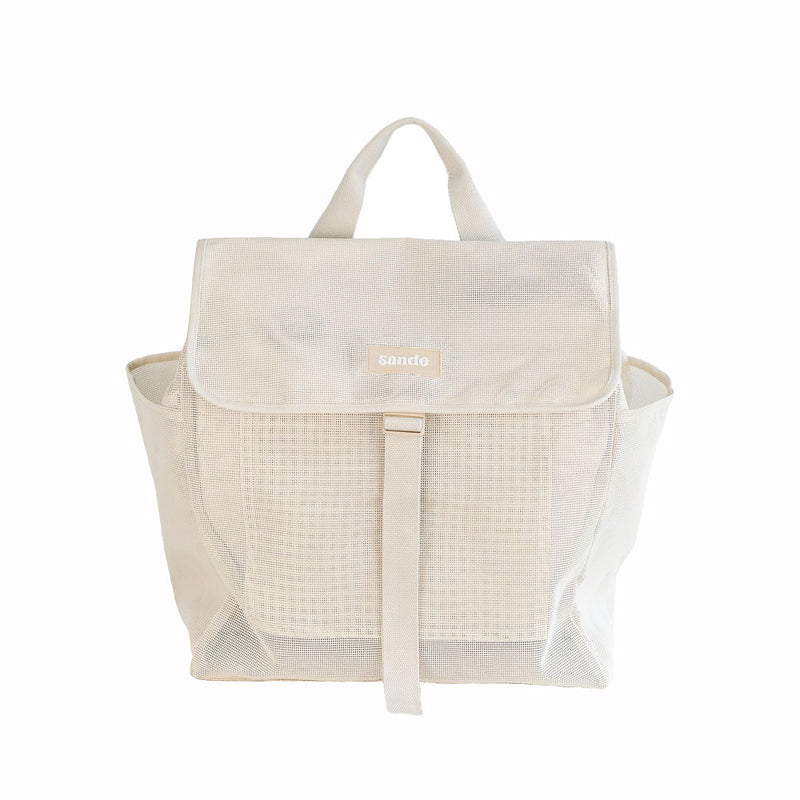 Front view of the Sande™ Beach Hauler Mesh Backpack in neutral Sand, showcasing its spacious design and durable construction, perfect for carrying family beach essentials.