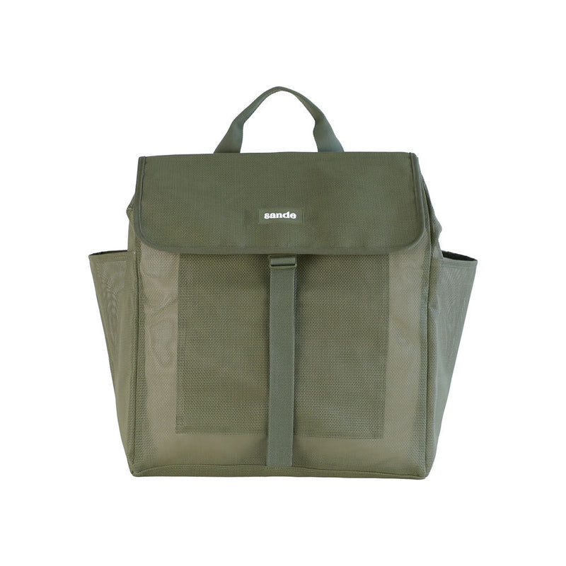 A studio product photo of the Sande Kids™ Beach Hauler mesh beach backpack in Pandanus Green, shown front-facing on a white background. This sand-free mesh beach bag features a clip-up flap, adjustable padded straps, spacious side mesh pockets for water bottles, and a sturdy top handle. Designed for beach days, family travel, and carrying kids’ beach essentials while keeping sand out.