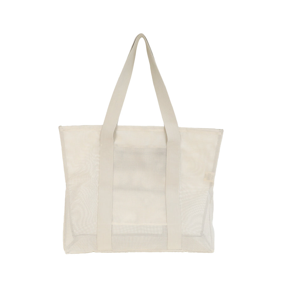 Rear view of the Sande™ Beach Hauler -Mini mesh beach bag in Sand/Neutral on a white background, highlighting its spacious interior, durable sand-free mesh construction, and stylish, family-friendly design for carrying beach essentials on outings.