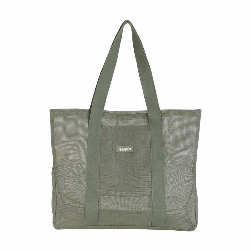 Front view of the Sande™ Beach Hauler Mini mesh beach bag in Pandanus Green on a white background, showcasing its spacious, sand-free mesh design and lightweight beach-ready construction.