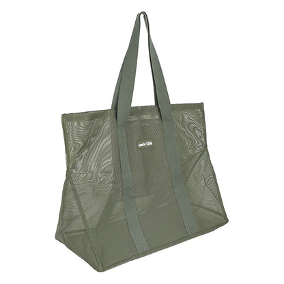45-degree view product photo of the Sande Kids Beach Hauler oversized mesh beach bag in sage or olive green on a white background, highlighting its durable design and spacious interior.