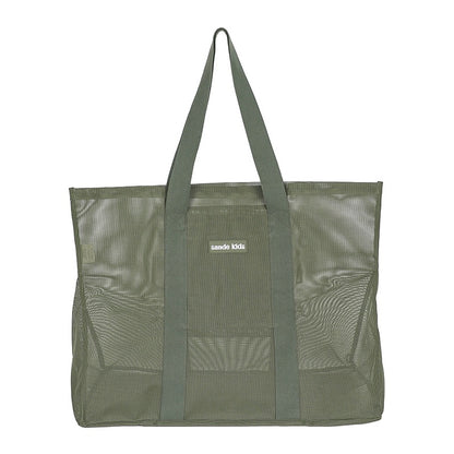 Front view product photo of the Sande Kids Beach Hauler oversized mesh beach bag in Pandanus Green - an olive or sage green on a white background, highlighting its durable design and spacious interior.
