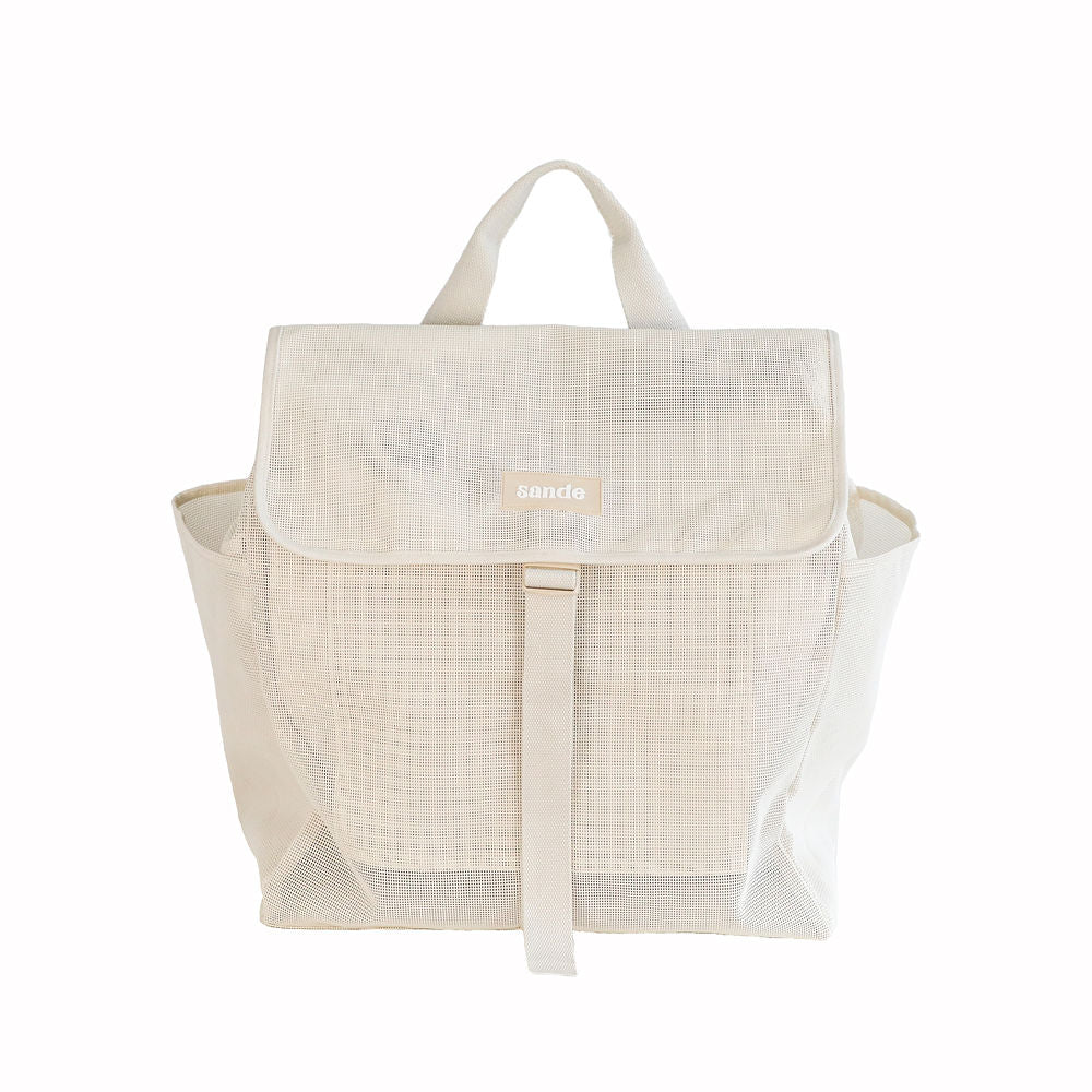 Front view of the Sande Kids Beach Hauler Mesh Backpack in neutral Sand, showcasing its spacious design and durable construction, perfect for carrying family beach essentials.