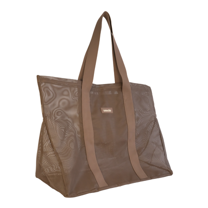 45-degree view of the Sande™ mesh beach bag tote in Espresso Brown featuring the Sande logo, oversized capacity, and comfortable cotton straps. Shown on a white background, this durable mesh beach bag is perfect for carrying beach essentials, family beach days, market trips, and outdoor adventures.