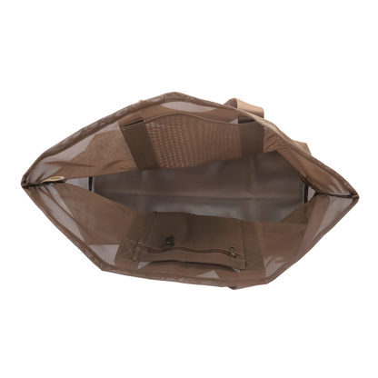 Top view of the Sande™ mesh beach bag tote in Espresso Brown with a Sande logo, showing the spacious interior, large internal mesh pocket, and canvas pocket with key clip for valuables. Shown on a white background, this durable mesh beach bag is perfect for carrying beach essentials, market trips, and outdoor adventures.
