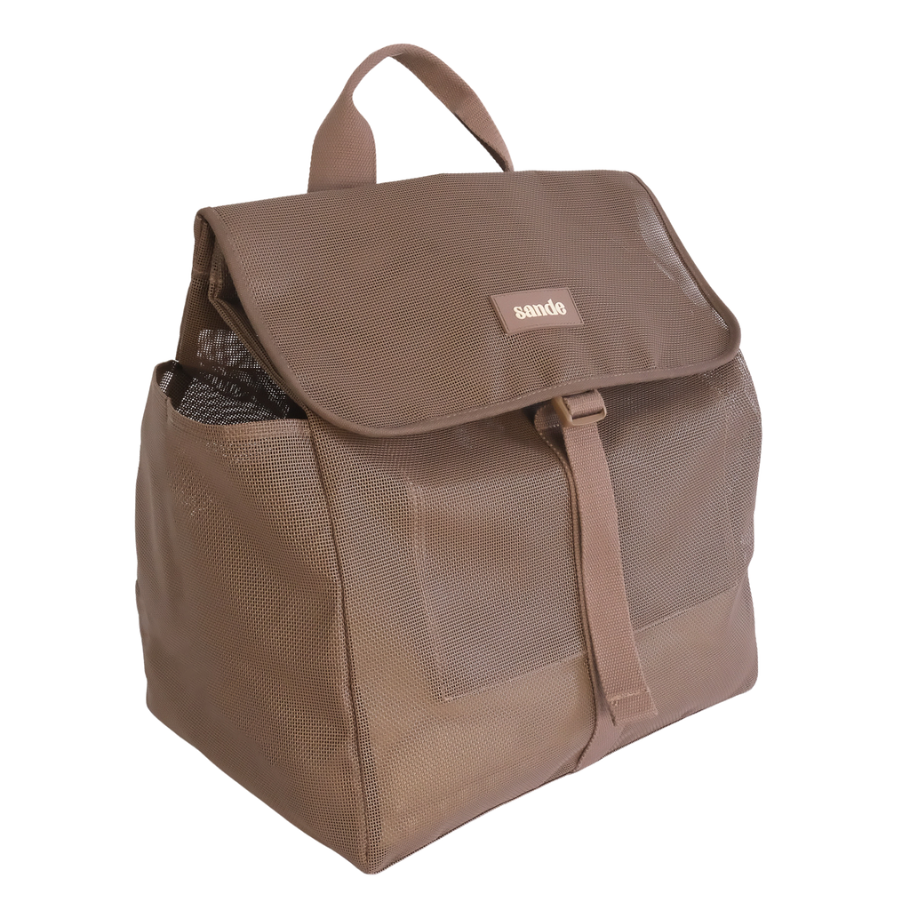 45-degree angled view of the Sande Beach Hauler mesh backpack in Espresso chocolate brown colour on a white background, showcasing its spacious design and sturdy construction.