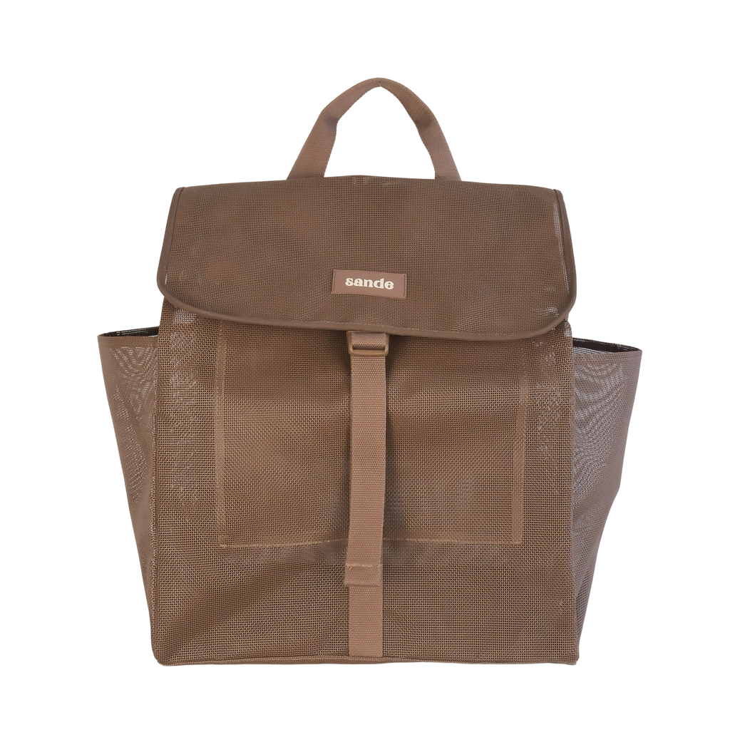 Front view of the Sande Beach Hauler Mesh Backpack in Espresso chocolate brown, showcasing its spacious design and durable construction, perfect for carrying family beach essentials.