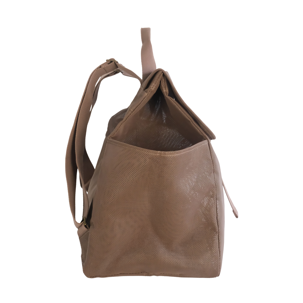 Side view of the Sande Beach Hauler mesh backpack in Espresso chocolate brown colour on a white background, highlighting backpack strap features and convenient side pockets.