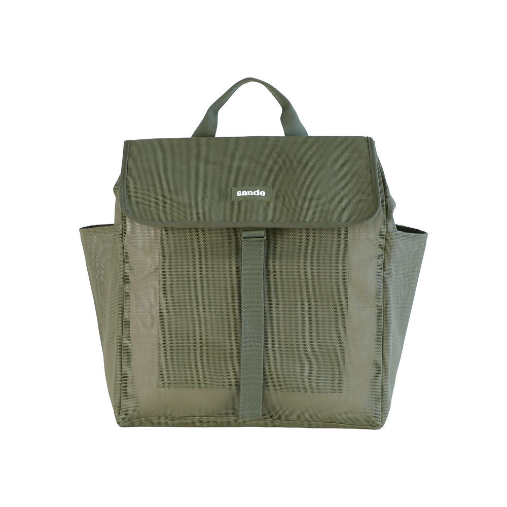 A studio product photo of the Sande Kids™ Beach Hauler mesh beach backpack in Pandanus Green, shown front-facing on a white background. This sand-free mesh beach bag features a clip-up flap, adjustable padded straps, spacious side mesh pockets for water bottles, and a sturdy top handle. Designed for beach days, family travel, and carrying kids’ beach essentials while keeping sand out.