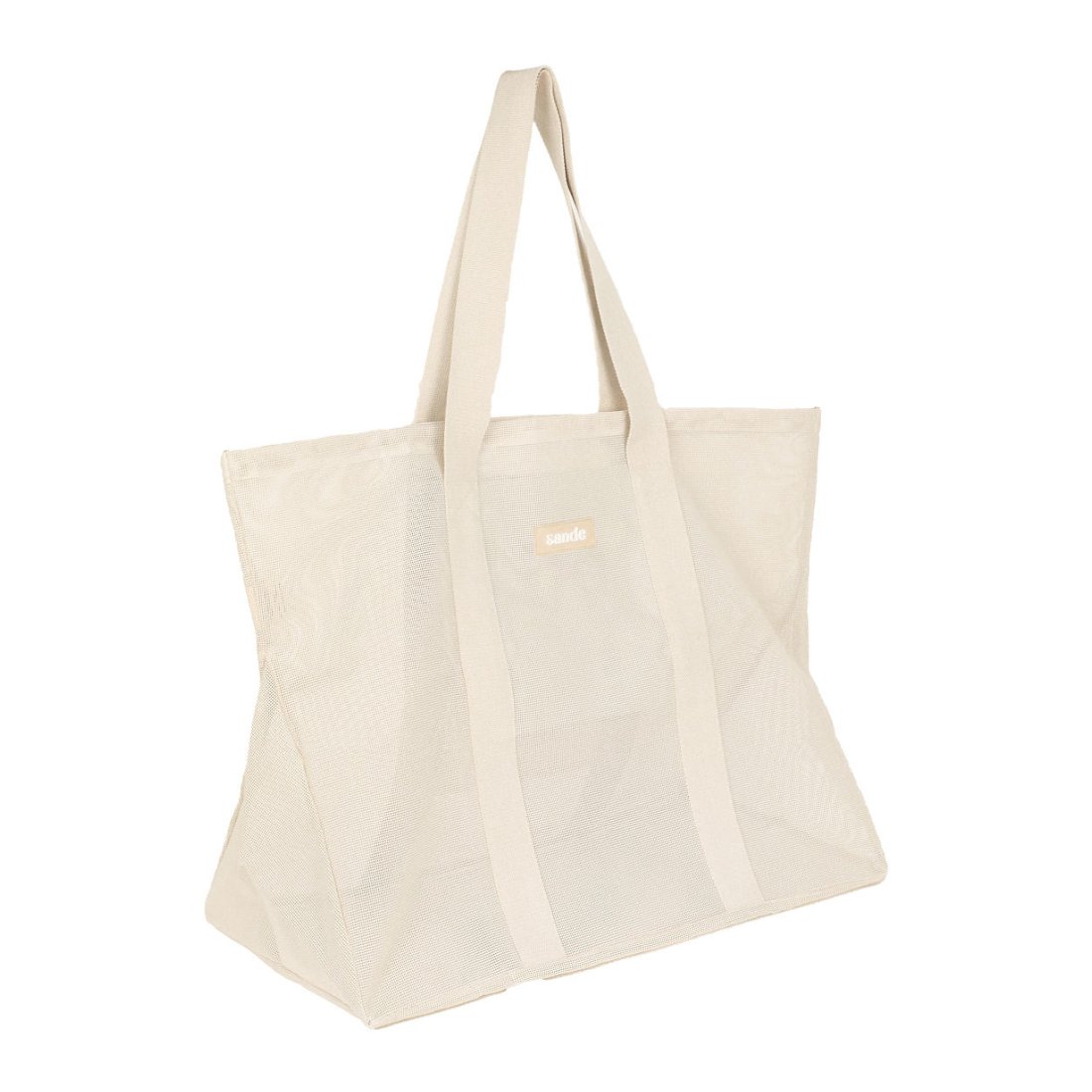 Side view of the Sande Kids original oversized mesh beach bag in neutral, highlighting its large capacity and durable mesh construction.