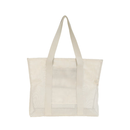 Rear view of the Sande™ Beach Hauler -Mini mesh beach bag in Sand/Neutral on a white background, highlighting its spacious interior, durable sand-free mesh construction, and stylish, family-friendly design for carrying beach essentials on outings.