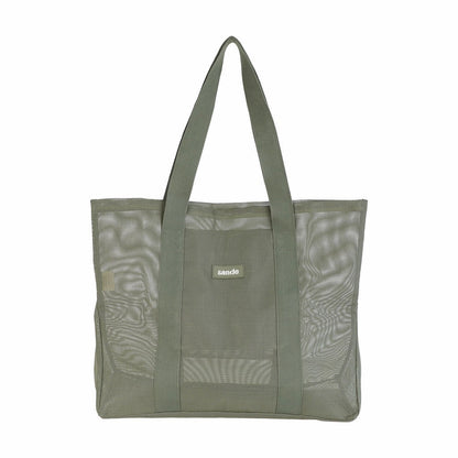 Front view of Sande Kids Beach Hauler -Mini mesh beach bag in Pandanus green, shown on a white background, highlighting its large unique design.